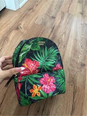 Victoria's Secret Black Mini Backpack with Green Leaves & Pink Floral